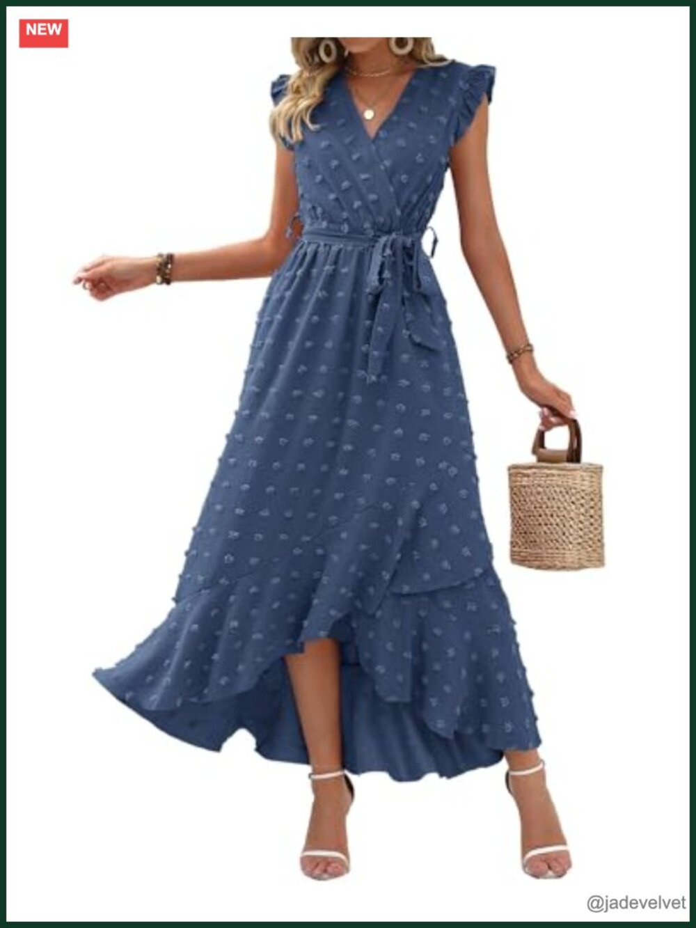 Swiss Dot Flowy Ruffle Wrap V-Neck Cap Sleeve Maxi Dress - Picture 1 of 6